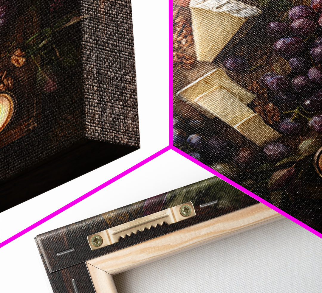 Charcuterie Board with Grapes and Cheese Framed Canvas Print, Winery Art, Boho Decor, Winery Decor, Oil Painting, Vineyard, WIN-1x1-61