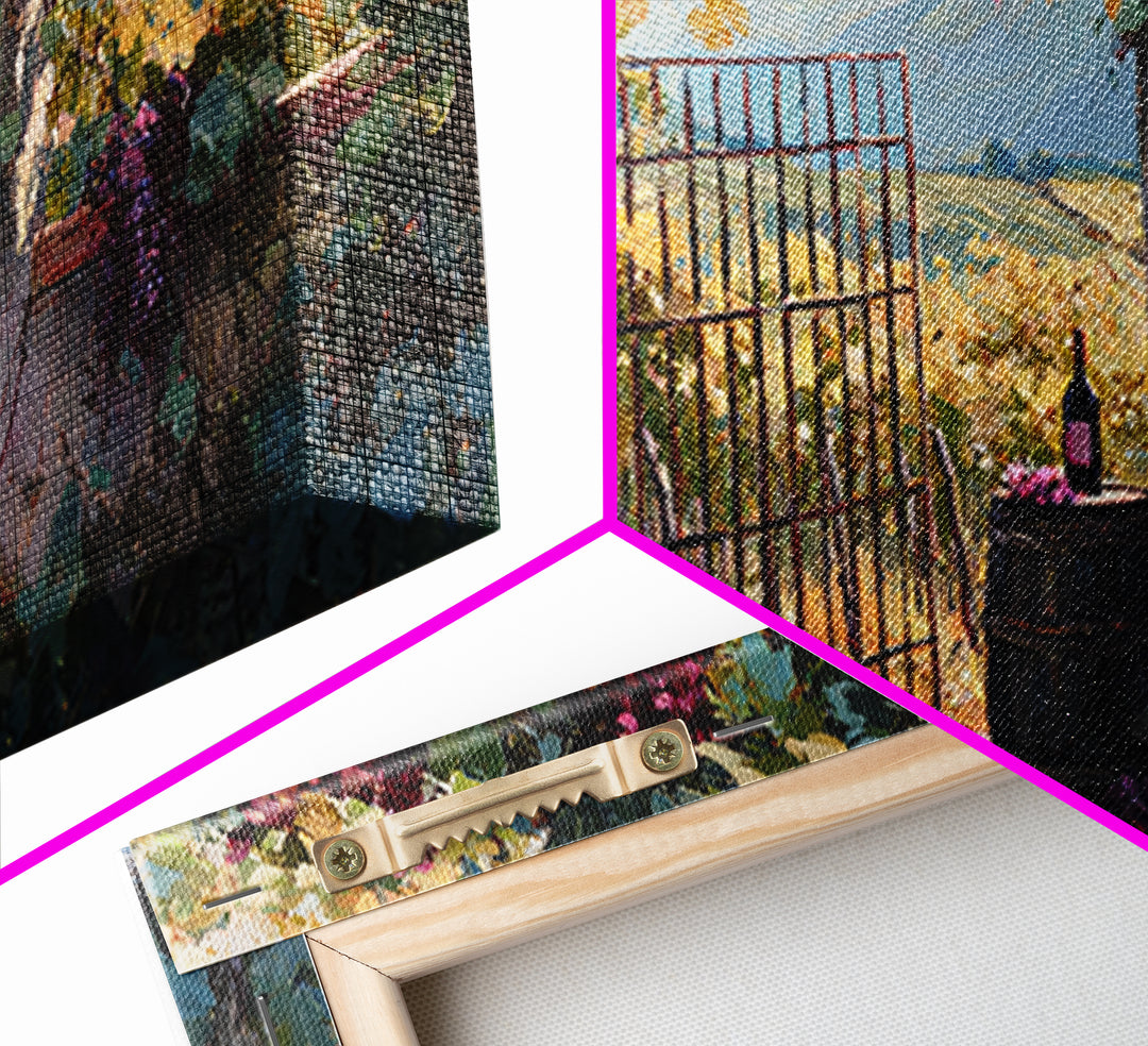 Vineyard Gate with Climbing Roses Framed Canvas Print, Winery Art, Wall Art, Winery Decor, Oil Painting, Vineyard, WIN-2x1-35