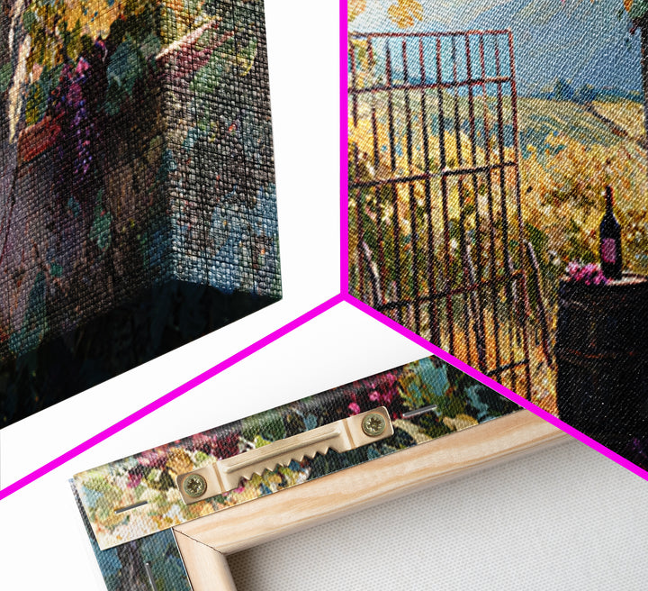 Vineyard Gate with Climbing Roses Framed Canvas Print, Winery Art, Wall Art, Winery Decor, Oil Painting, Vineyard, WIN-2x1-35