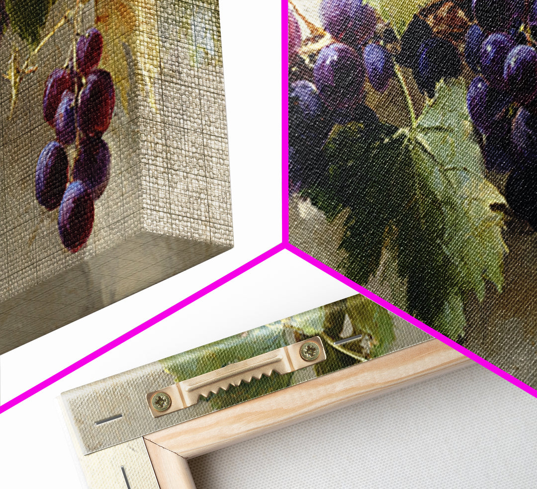 Grapevine Branch with Purple Grapes and Leaves Framed Canvas Print, Winery Art, Kitchen Wall Art, Winery Decor, Oil Painting, WIN-2x1-45