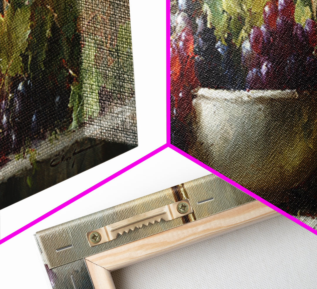 Grapes in a Ceramic Bowl with Shadows Framed Canvas Print, Winery Art, Retro Wall Art, Winery Decor, Fine Art, Vineyard, WIN-3x1-1