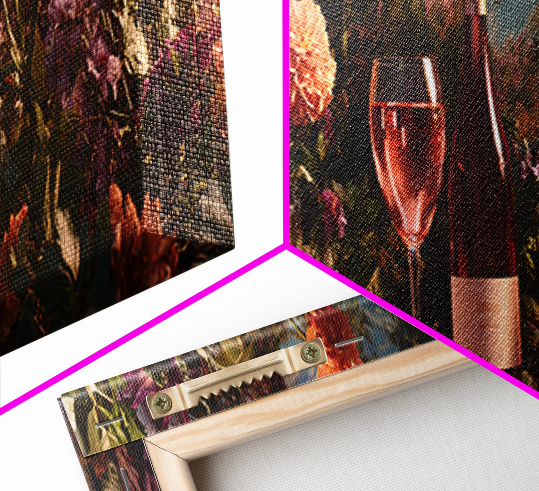 Ros Glass Beside Summer Flowers Canvas Print, Winery Art, Living Room Art, Winery Decor, Watercolor Art, Vineyard, WIN-3x1-54