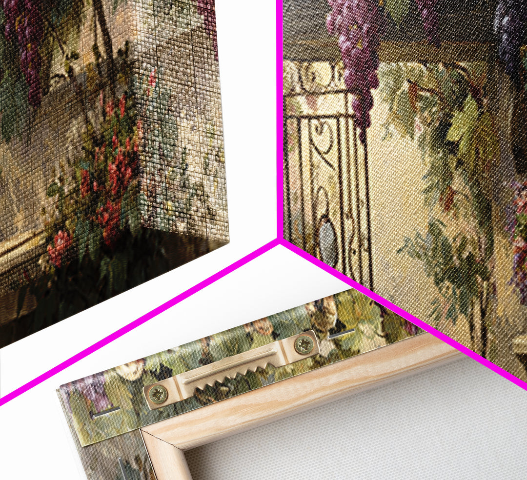 Vineyard Gate with Climbing Roses Framed Canvas Print, Winery Art, Farmhouse Decor, Winery Decor, Oil Painting, Vineyard, WIN-3x1-79
