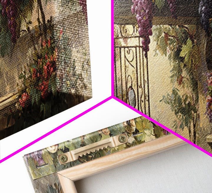 Vineyard Gate with Climbing Roses Framed Canvas Print, Winery Art, Farmhouse Decor, Winery Decor, Oil Painting, Vineyard, WIN-3x1-79