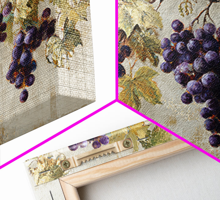 Grapevine Branch with Purple Grapes and Leaves Framed Canvas Print, Winery Art, Bar Art, Winery Decor, Oil Painting, Vineyard, WIN-3x2-5