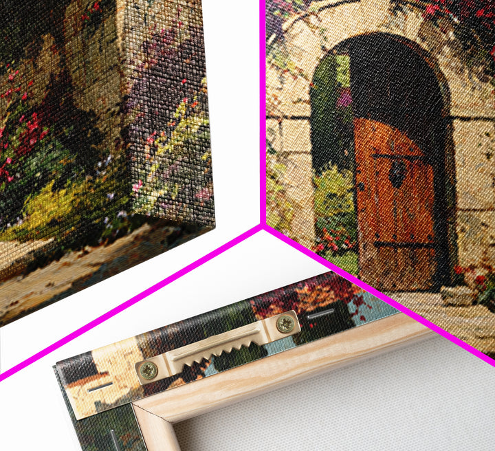 Vineyard Gate with Climbing Roses Framed Canvas Print, Winery Art, Farmhouse Decor, Winery Decor, Oil Painting, Vineyard, WIN-3x2-91