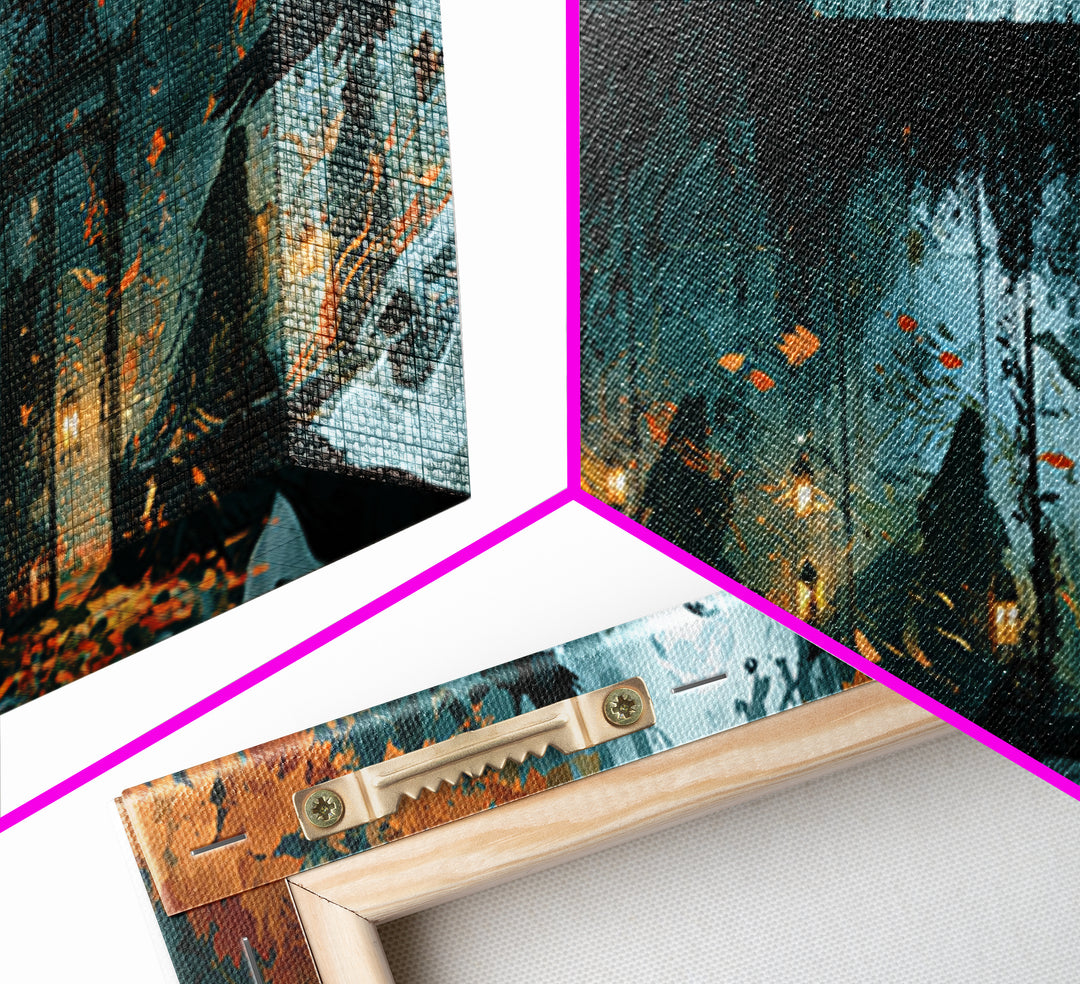 The Black Lace Haunted Conservatory - Procession Scene, Macabre Halloween Art, Wide Panoramic Art, Framed Canvas Print, Halloween Home Decor