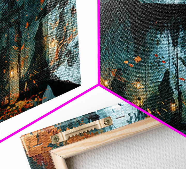 The Black Lace Haunted Conservatory - Procession Scene, Macabre Halloween Art, Wide Panoramic Art, Framed Canvas Print, Halloween Home Decor