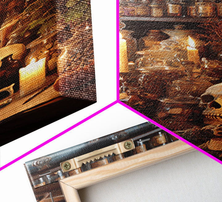 The Candlelit Skull Apothecary - Occult Still Life, Macabre Halloween Art, Vertical Wall Art, Framed Canvas Print, Halloween Home Decor