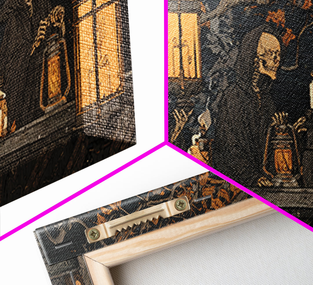 The Candlelit Skull Apothecary - Procession Scene, Spooky Wall Decor, Wide Panoramic Art, Framed Canvas Print, Halloween Home Decor