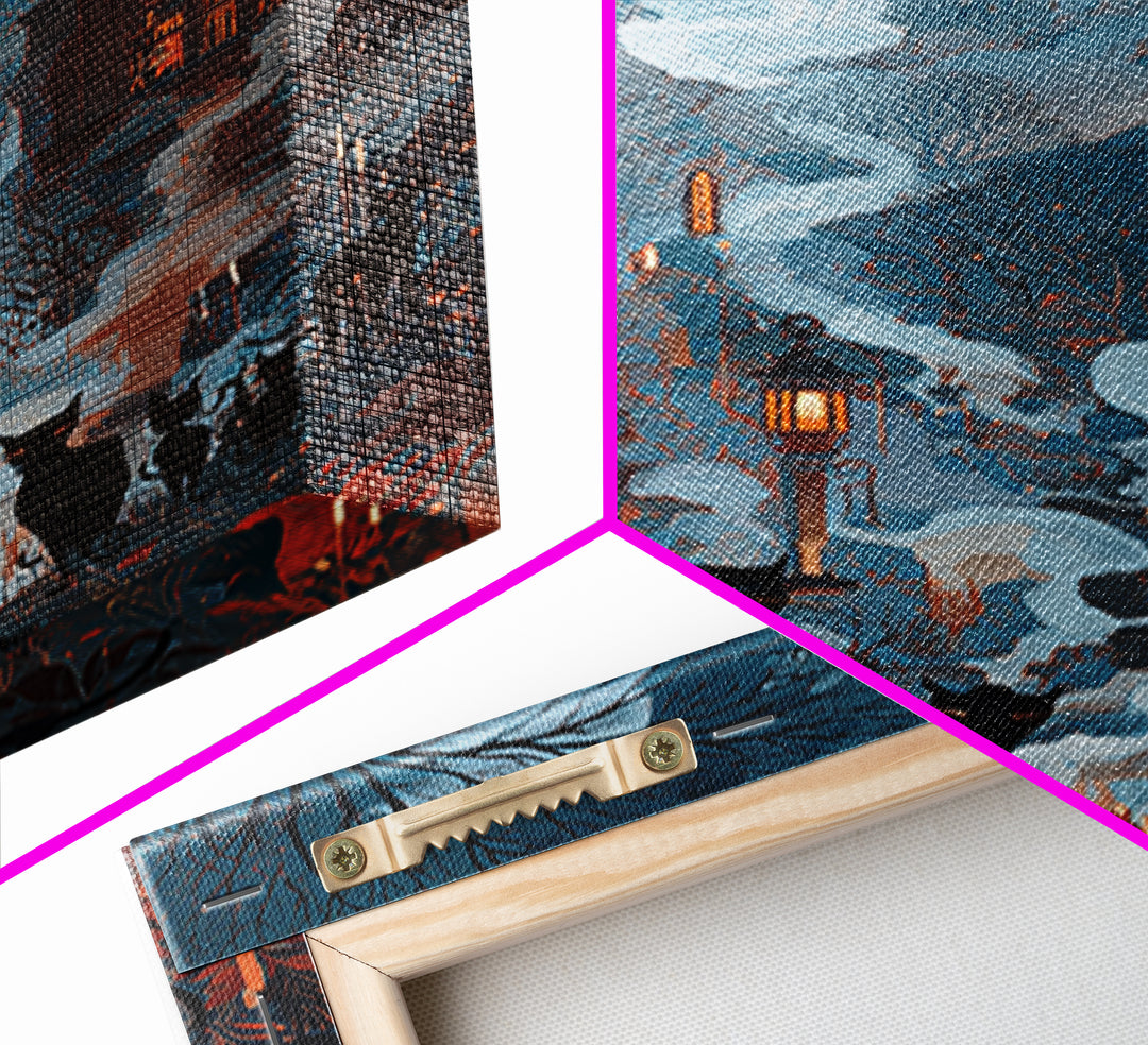 The Moonlit Cat Masquerade - Environmental Panorama, Dark Fantasy Wall Art, Vertical Wall Art, Canvas Print, Halloween Home Decor