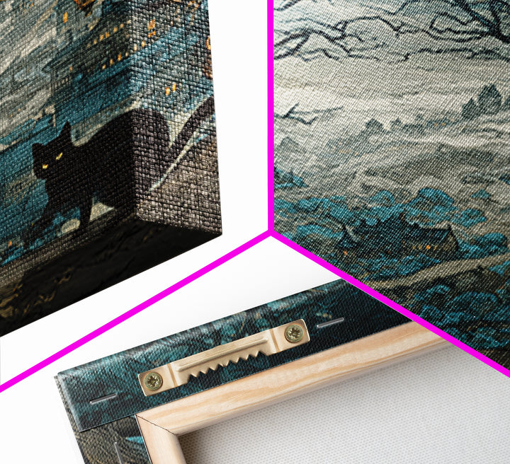 The Moonlit Cat Masquerade - Environmental Panorama, Spooky Wall Decor, Square Wall Art, Framed Canvas Print, Halloween Home Decor