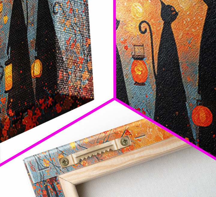 The Moonlit Cat Masquerade - Procession Scene, Spooky Wall Decor, Wide Panoramic Art, Framed Canvas Print, Halloween Home Decor