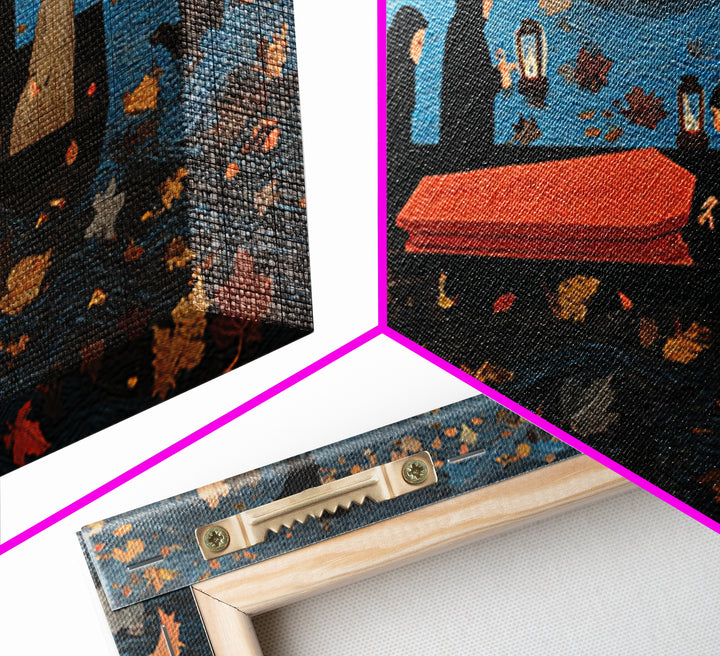 The Floating Coffin Garden - Procession Scene, Macabre Halloween Art, Wide Panoramic Art, Framed Canvas Print, Halloween Home Decor