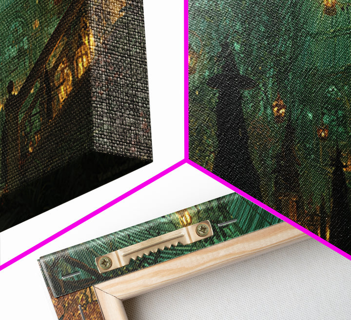 The Witch Queen Greenhouse - Procession Scene, Spooky Wall Decor, Wide Panoramic Art, Framed Canvas Print, Halloween Home Decor