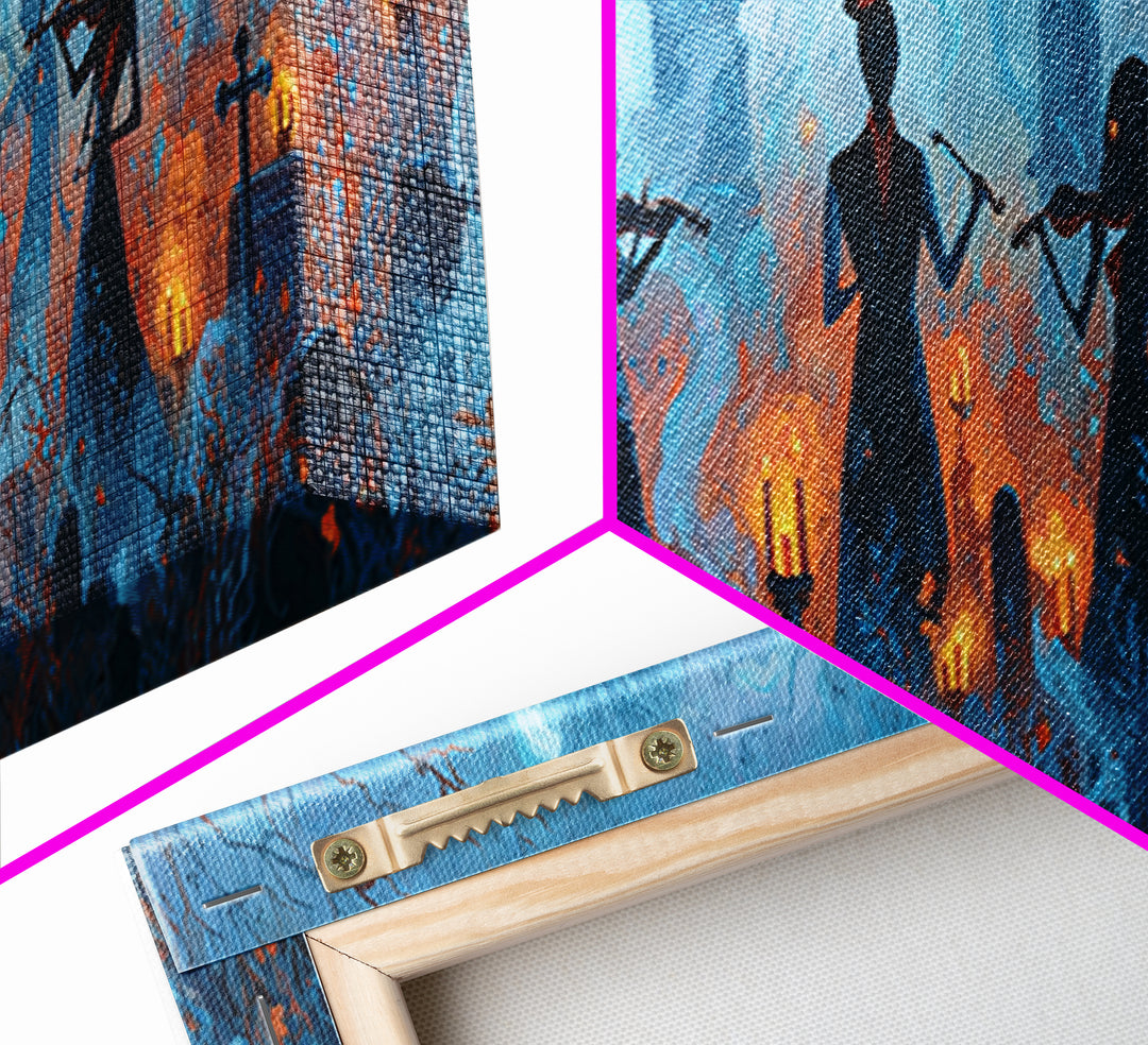 The Ghostly Violin Procession - Icon Portrait, Macabre Halloween Art, Extra Wide Wall Art, Framed Canvas Print, Halloween Home Decor
