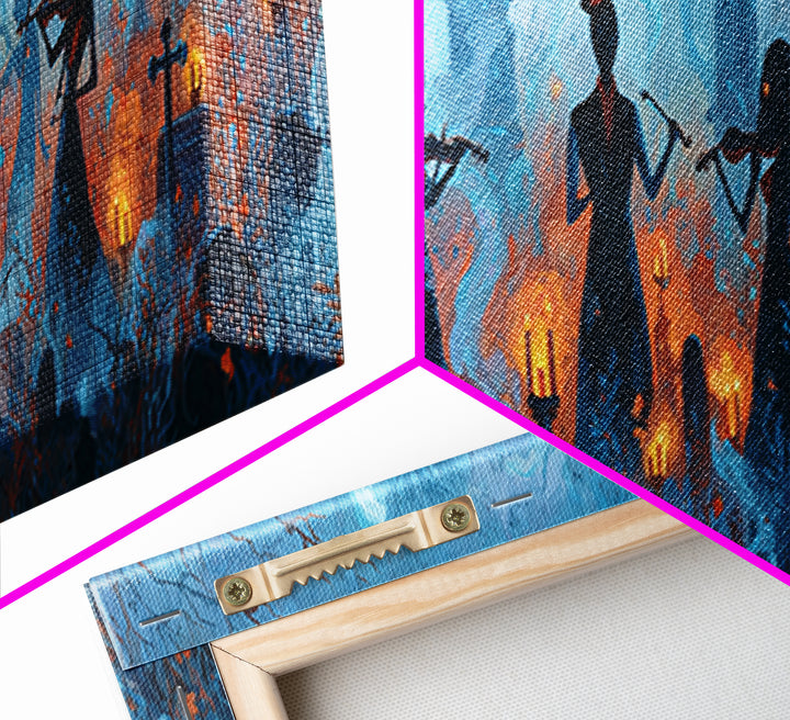 The Ghostly Violin Procession - Icon Portrait, Macabre Halloween Art, Extra Wide Wall Art, Framed Canvas Print, Halloween Home Decor
