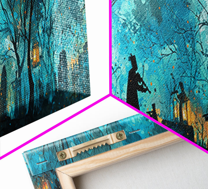 The Ghostly Violin Procession - Procession Scene, Spooky Wall Decor, Extra Wide Wall Art, Framed Canvas Print, Halloween Home Decor
