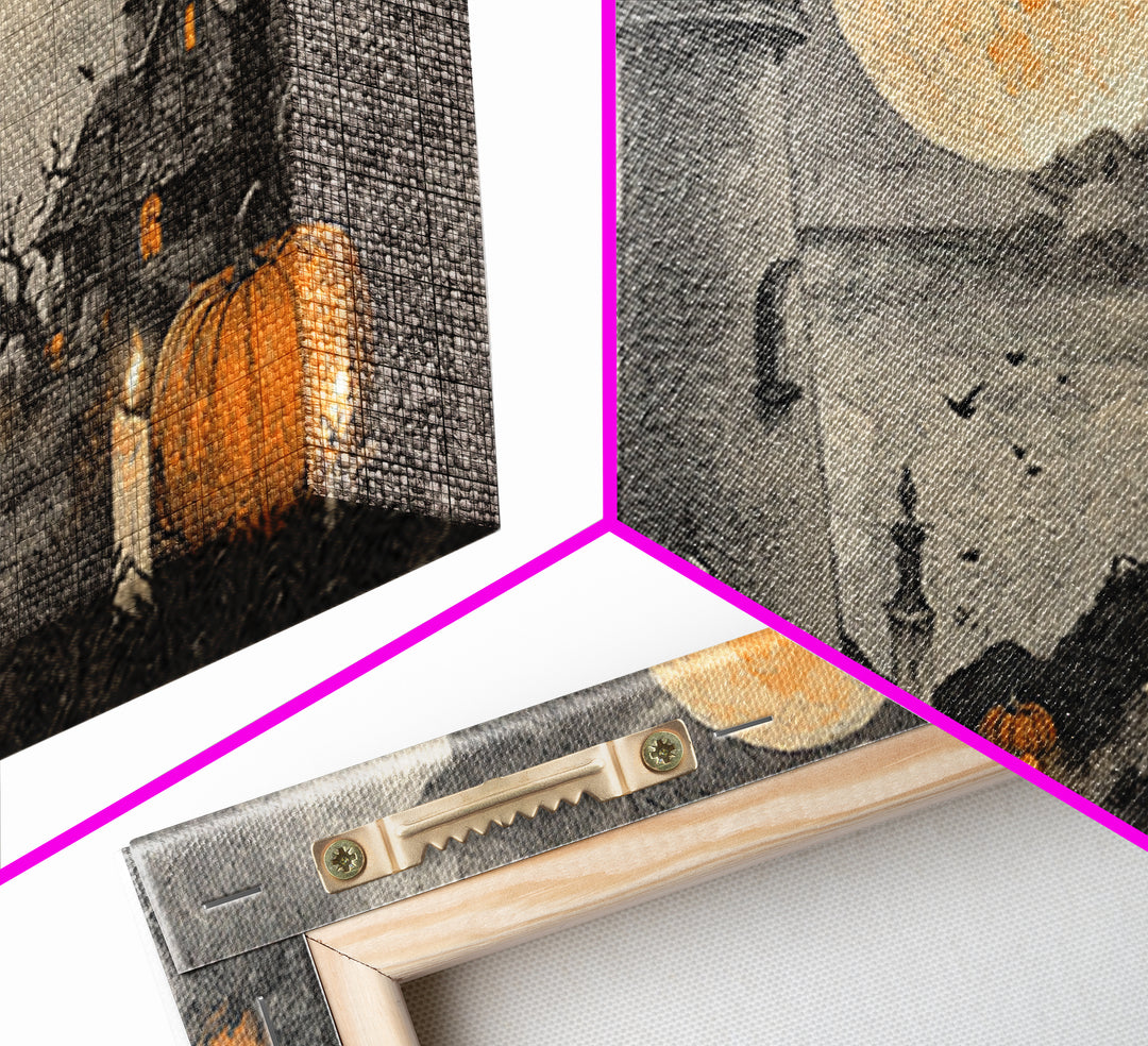The Pumpkin Moon Lighthouse - Environmental Panorama, Dark Fantasy Wall Art, Wide Panoramic Art, Canvas Print, Halloween Home Decor