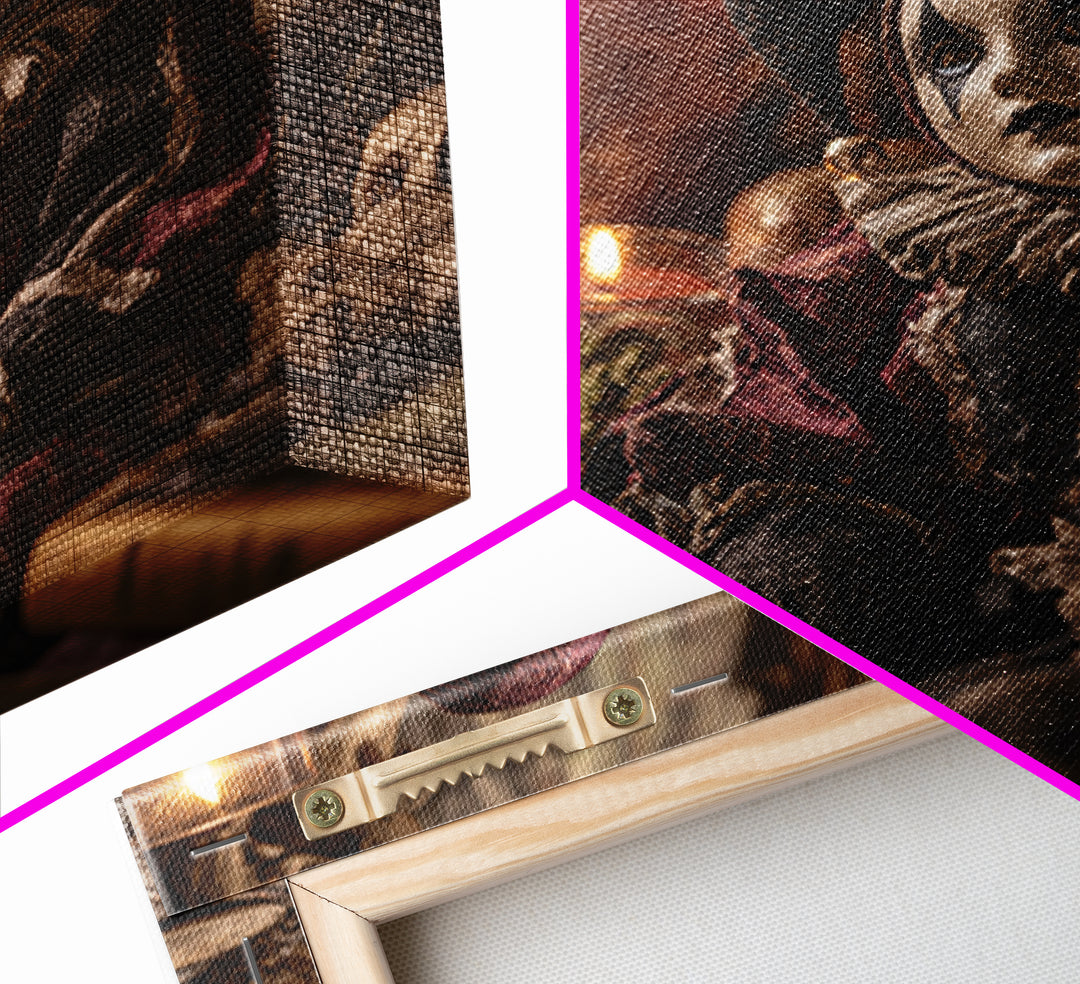The Haunted Harlequin Doll - Occult Still Life, Spooky Wall Decor, Square Wall Art, Framed Canvas Print, Halloween Home Decor
