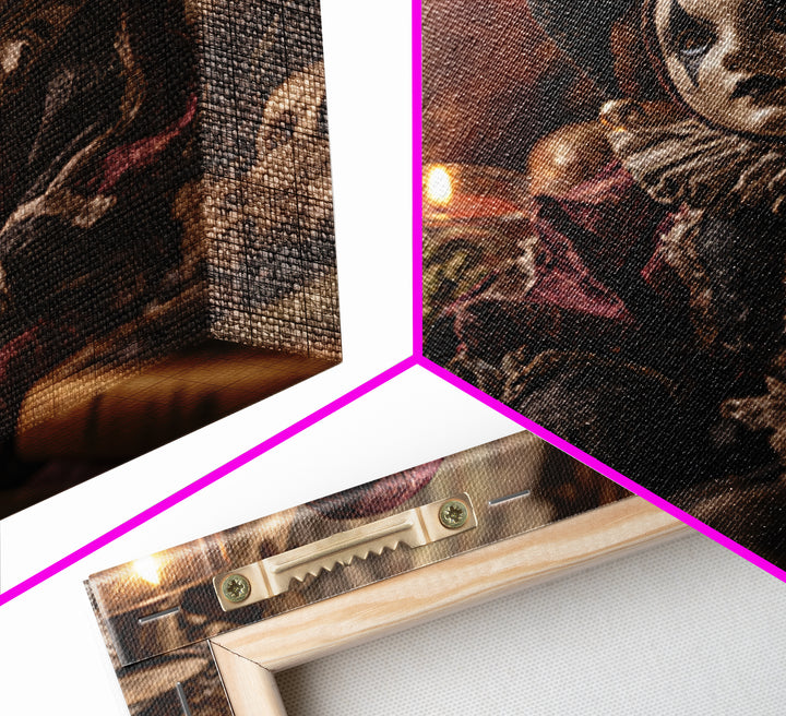 The Haunted Harlequin Doll - Occult Still Life, Spooky Wall Decor, Square Wall Art, Framed Canvas Print, Halloween Home Decor