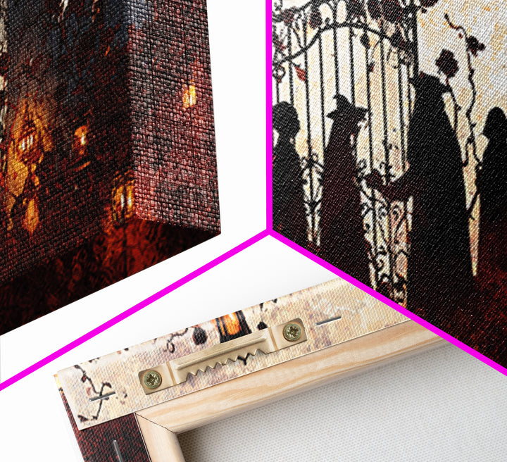 The Black Rose Cemetery Gate - Procession Scene, Spooky Wall Decor, Wide Panoramic Art, Framed Canvas Print, Halloween Home Decor