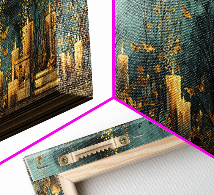The Golden Bat Swarm - Occult Still Life, Macabre Halloween Art, Extra Wide Wall Art, Framed Canvas Print, Halloween Home Decor
