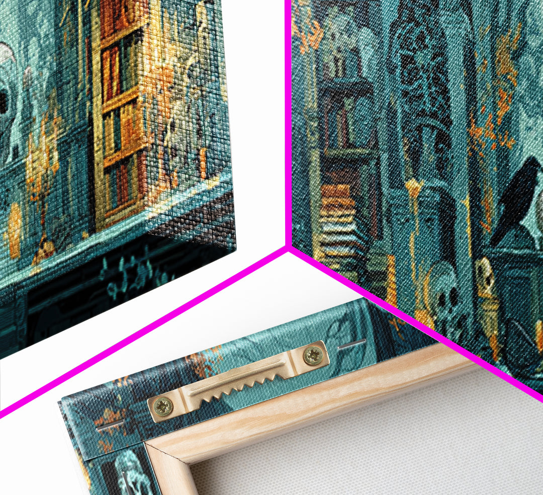 The Catacomb Library - Icon Portrait, Spooky Wall Decor, Extra Wide Wall Art, Framed Canvas Print, Halloween Home Decor, Gothic Wall Art
