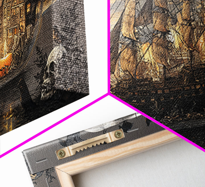 The Ghost Ship In A Bottle - Occult Still Life, Spooky Wall Decor, Wide Panoramic Art, Framed Canvas Print, Halloween Home Decor