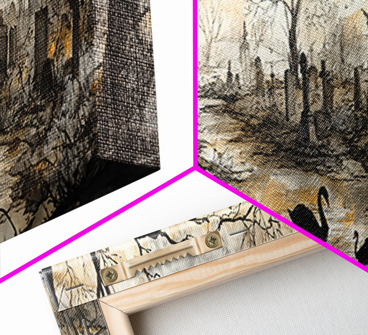 The Cemetery Swan Lake - Environmental Panorama, Halloween Wall Art, Extra Wide Wall Art, Framed Canvas Print, Halloween Home Decor