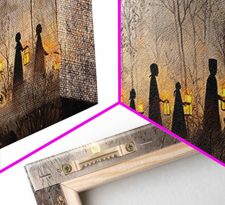 The Golden Funeral Procession - Icon Portrait, Macabre Halloween Art, Wide Panoramic Art, Framed Canvas Print, Halloween Home Decor