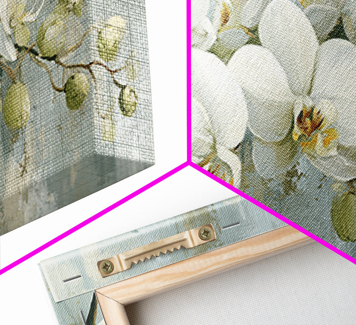 White Orchid on Light Gray Ground Framed Canvas Print, Waiting Room Art, Fine Art Print, Waiting Room Decor, Oil Painting, Calm, WRA-2x1-27