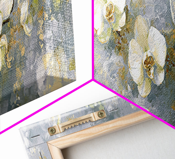 White Orchid on Light Gray Ground Framed Canvas Print, Waiting Room Art, Boho Decor, Waiting Room Decor, Fine Art, Calm, WRA-3x1-23