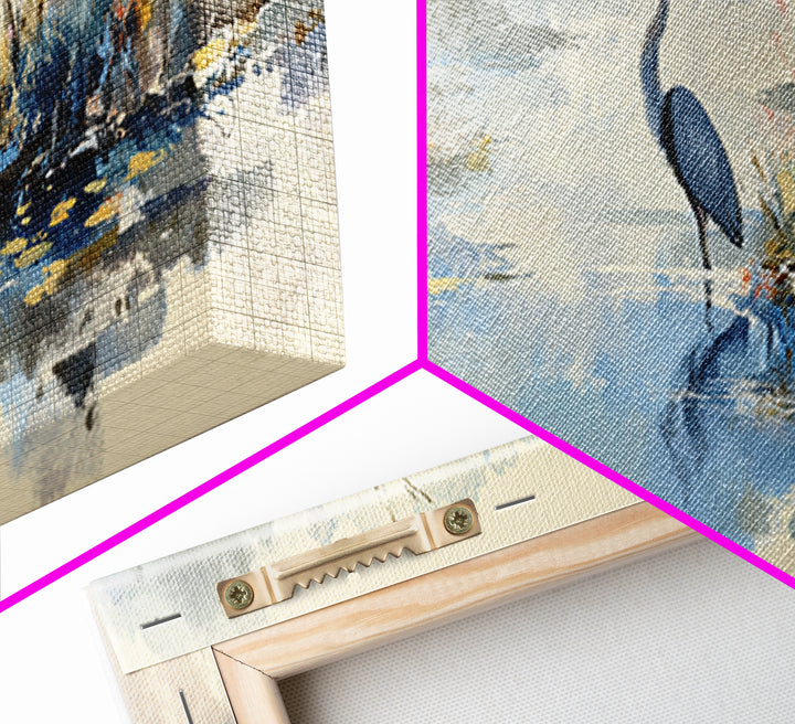 Blue Heron in Quiet Marsh Framed Canvas Print, Waiting Room Art, Dental Art, Waiting Room Decor, Oil Painting, Calm, WRA-3x1-28