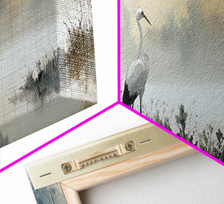 White Crane in Misty Morning Framed Canvas Print, Yoga Studio Art, Minimalist Wall Art, Yoga Studio Decor, Oil Painting, YSA-3x1-79