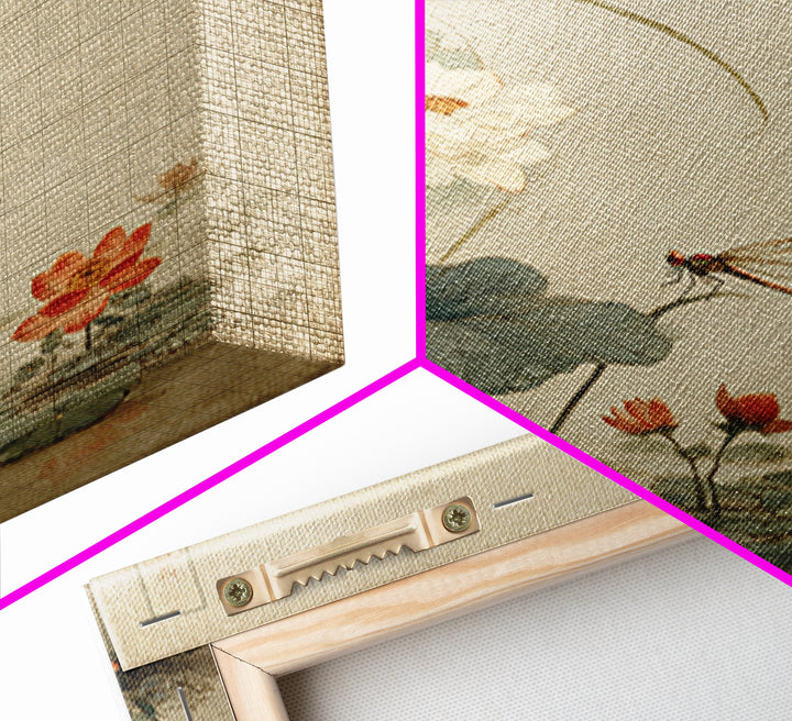 Dragonfly over Lotus Pond Framed Canvas Print, Zen Art, Japandi Wall Art, Living Room Decor, Fine Art, Zen, Neutral Decor, ZEN-1x1-64