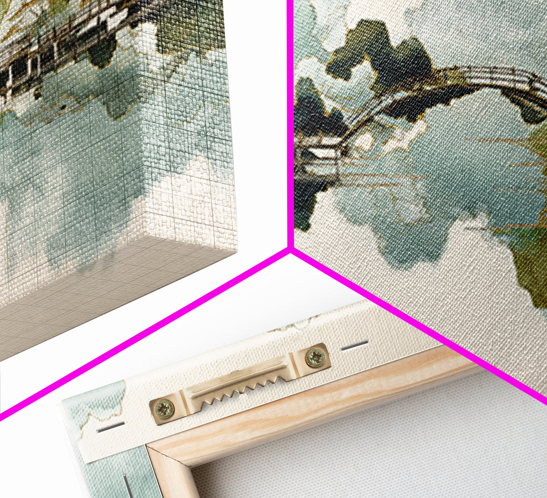 Japanese Garden Bridge Implied Through Shapes Framed Canvas Print, Zen Art, Art Print, Living Room Decor, Watercolor Art, Zen, ZEN-2x1-10