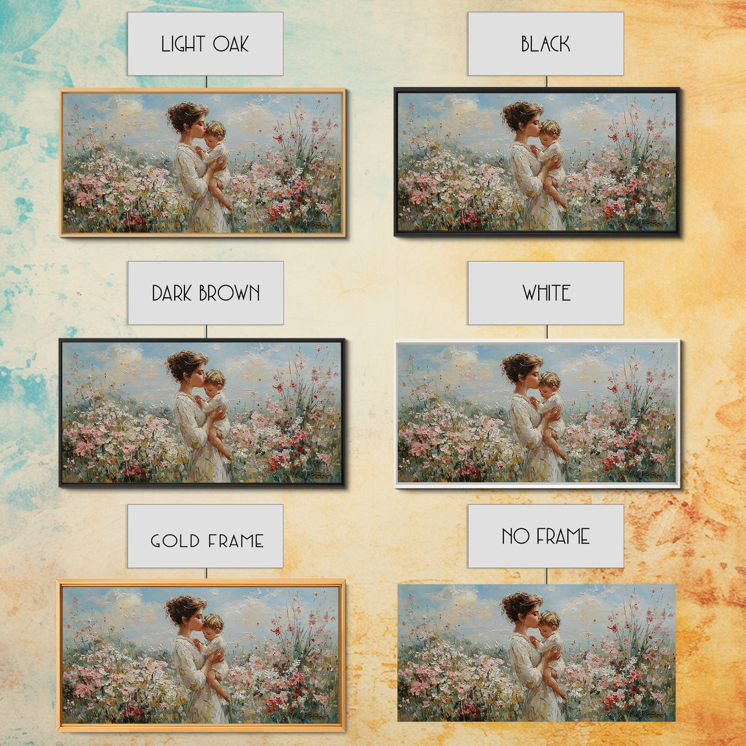 Mother Holding Baby In Sunlit Flower Field Wall Art, Impressionist Floral Canvas Print, Nursery Decor, Gift For Mom, Living Room Decor