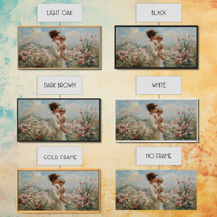 Mother Holding Baby In Sunlit Flower Field Wall Art, Impressionist Floral Canvas Print, Nursery Decor, Gift For Mom, Living Room Decor