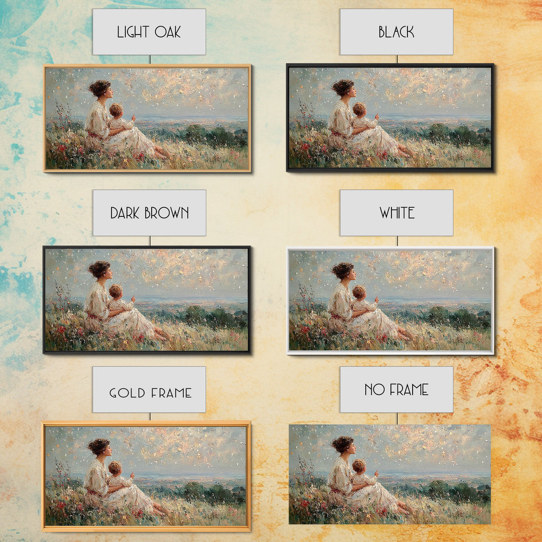 Mother And Child Watching Ocean Sunset Framed Canvas Print, Coastal Wildflower Wall Art, Calming Bedroom Decor Gift For Her