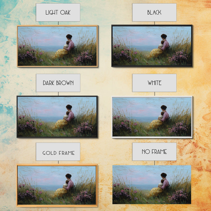 Mother And Child Beside Quiet Lake Wall Art, Impressionist Meadow Framed Canvas Print, Calming Nursery Decor Gift For Her