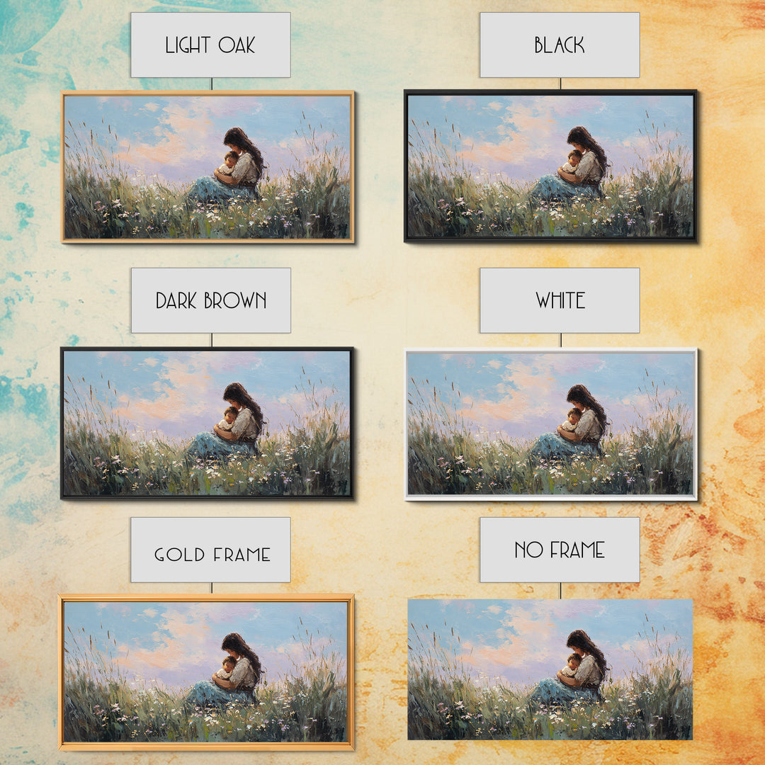 Mother Holding Baby At Sunset Meadow Canvas Print, Boho Wildflower Wall Art, Nursery Decor, Gift For New Mom, Bedroom Decor