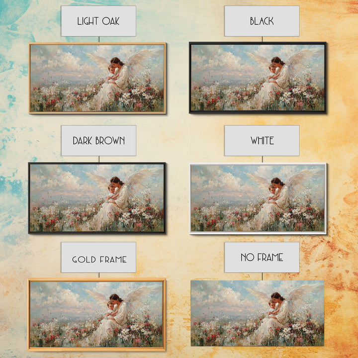 Guardian Angel Mother With Child In Flowers Framed Canvas Print, Heavenly Wall Art, Spiritual Nursery Decor, Gift For Her