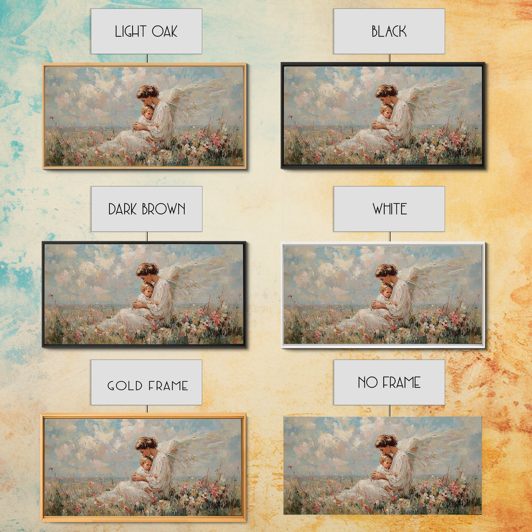 Seated Guardian Angel With Infant In Pastel Wildflowers Canvas Print, Christian Wall Art, Nursery Decor, Baby Shower Gift