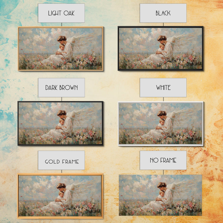 Seated Guardian Angel With Infant In Pastel Wildflowers Canvas Print, Christian Wall Art, Nursery Decor, Baby Shower Gift