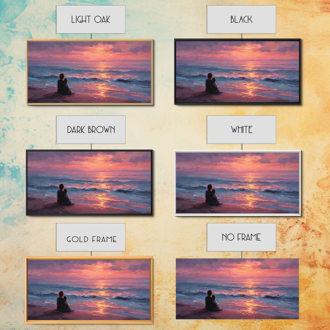 Mother And Child Watching Ocean Sunset Wall Art, Coastal Beach Canvas Print, Gift For Mom, Nursery Decor, Bedroom Wall Decor