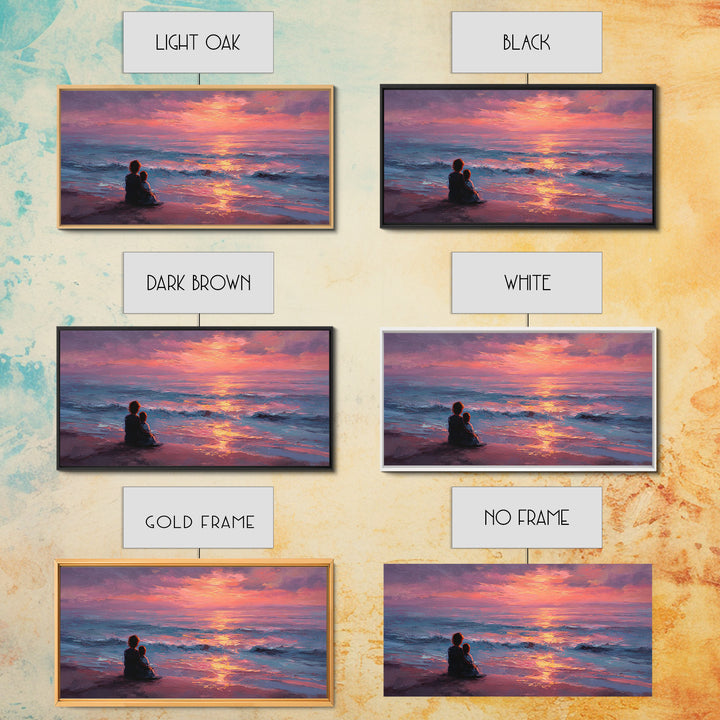 Mother And Child Watching Ocean Sunset Wall Art, Coastal Beach Canvas Print, Gift For Mom, Nursery Decor, Bedroom Wall Decor