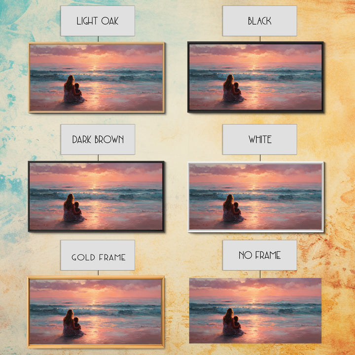 Mother And Child By Pink Ocean Sunset Wall Art, Coastal Seascape Canvas Print, Gift For Mom, Nursery Decor, Living Room Art