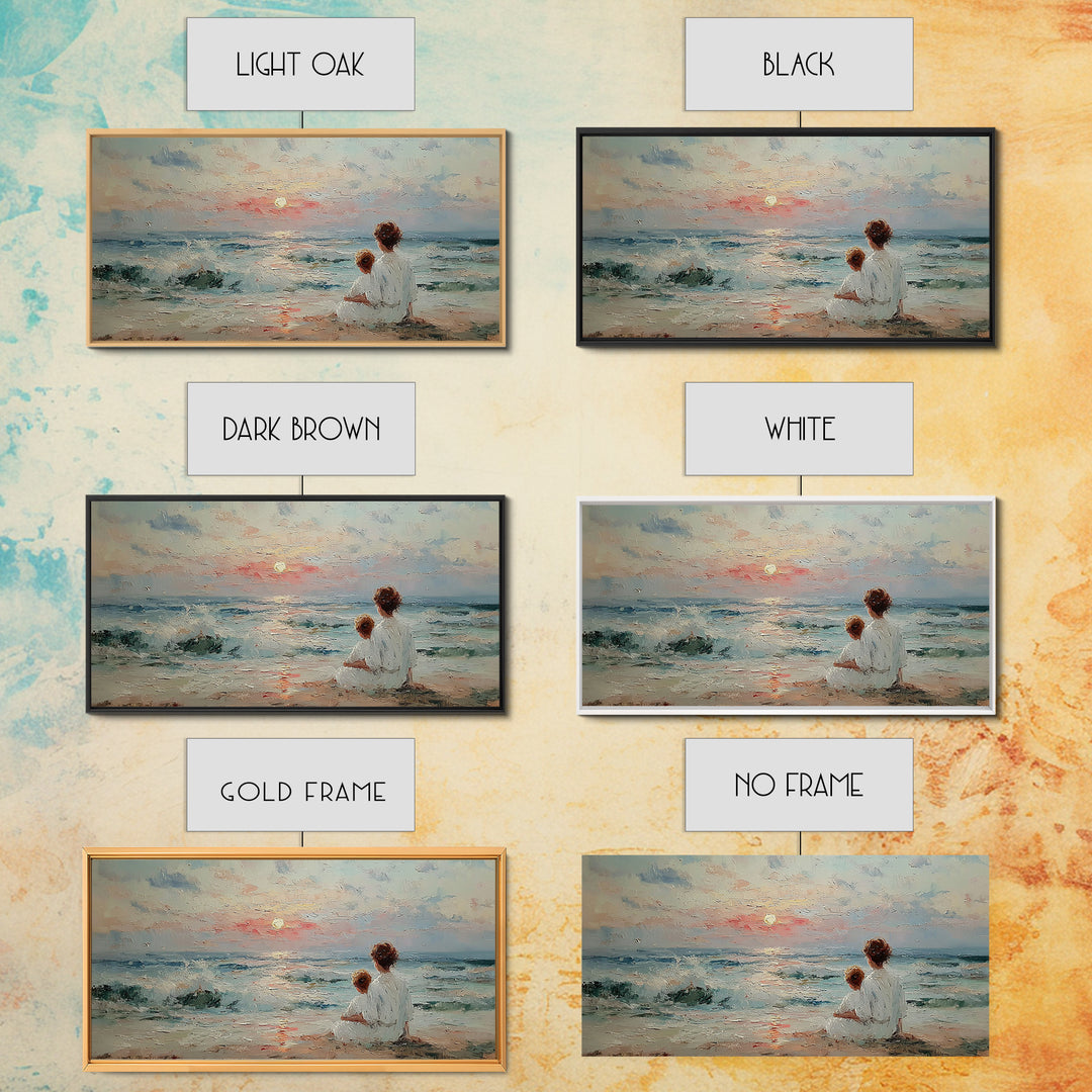 Mother And Child Seaside Sunrise Framed Canvas Print, Pastel Coastal Wall Art, Nursery Decor, Gift For Mom, Beach House Decor