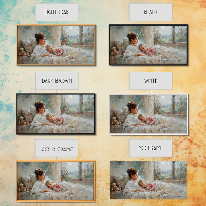 Mother And Child Morning Bedtime Wall Art, Impressionist Canvas Print, Nursery Decor, Gift For Mom, Cozy Bedroom Wall Decor